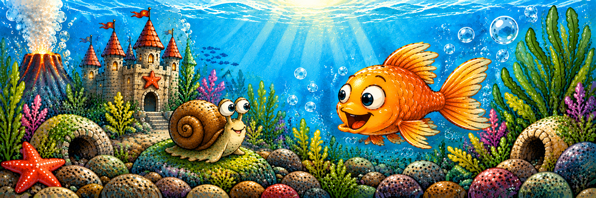 Steve the goldfish and a cheerful snail exploring an underwater kingdom
