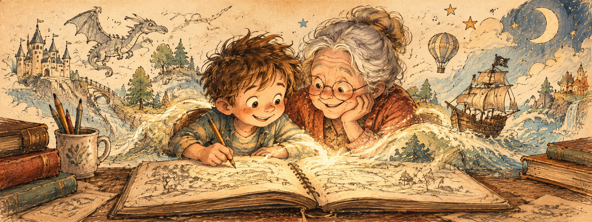 A boy and his grandmother sharing an illustrated storybook filled with castles, ships, and adventures