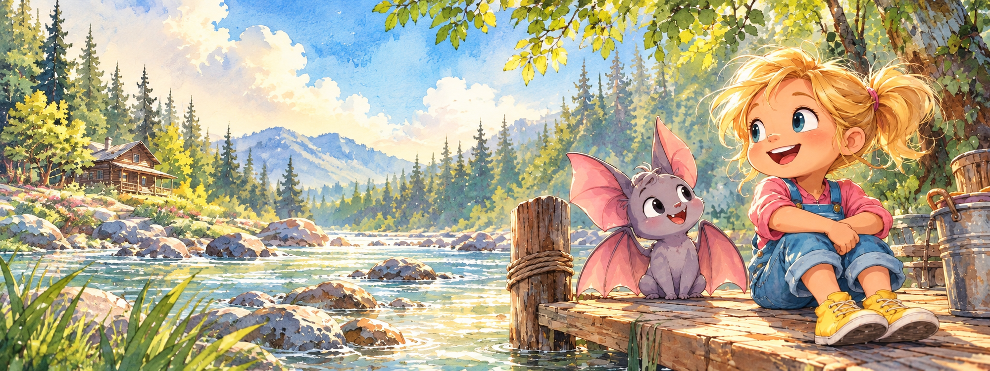 Evelyn and her bat friend Batsy beside a sunlit river