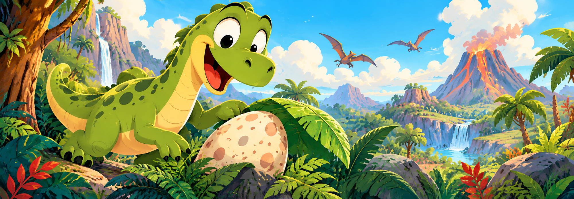 Duncan the dinosaur discovering an egg in a colorful prehistoric valley
